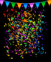 Party black background with explosion of confetti and flags