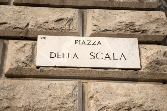 Closeup of Scala Square Street Sign in Milan, Italy