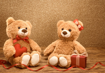 Valentines Day. Love red heart.Couple Teddy Bears 