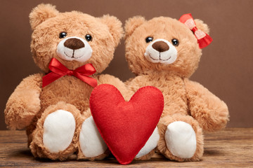 Valentines Day. Love red heart.Couple Teddy Bears 