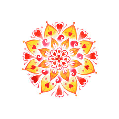 Hand drawn heart love mandala in watercolors technique in vector