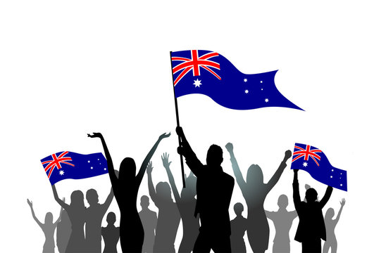 People Group Silhouette Crowd Hold Australia Flag
