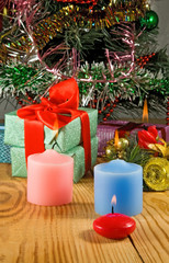 Christmas decorations and candles closeup