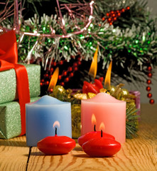 Image of Christmas decorations and candles closeup