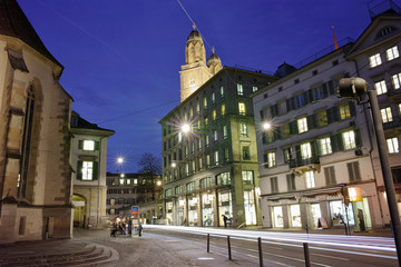 Fototapeta na wymiar Street and church of Grossmunster, City of Zurich, Switzerland