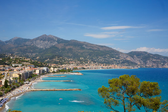 Cap Martin and Roquebrune, French riviera coast with blue sea