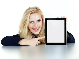 Business woman presenting her tablet pc