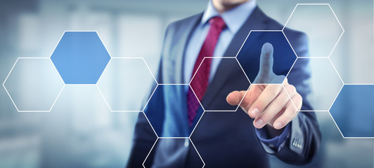 Man touching Screen Hexagon Concept