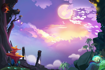 Illustration: Beautiful Sky From Mountain Top. Realistic Fantastic Cartoon Style Artwork Scene, Wallpaper, Game Story Background, Card Design   © info@nextmars.com