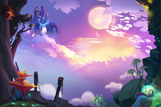 Illustration: Look, the Castle in the Air, We finally get here, but how Can we get there? Realistic Fantastic Cartoon Style Artwork Scene, Wallpaper, Game Story Background, Card Design