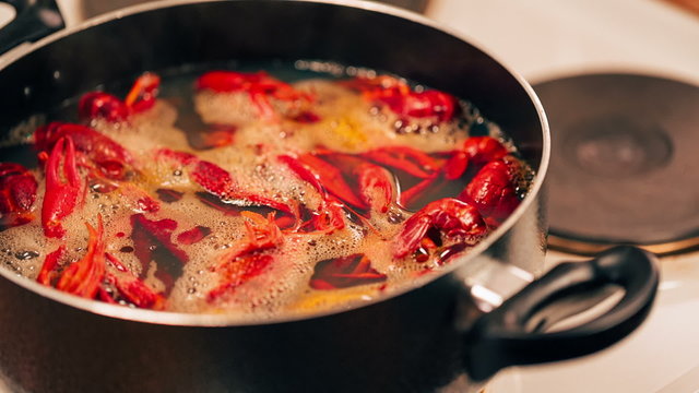 Crayfish are boiled in a pot.