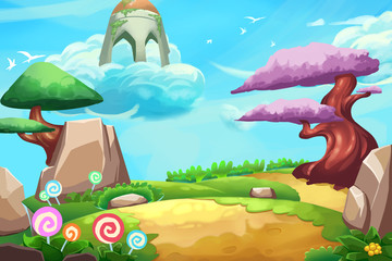 Illustration: Fantastic Forest Cartoon Land. Realistic Fantastic Cartoon Style Artwork Scene, Wallpaper, Game Story Background, Card Design
