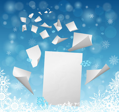 Big White Blank Sheet Of Paper With Small Papers Flying Away Into The Winter Snowflakes  - New Year Resolutions Idea