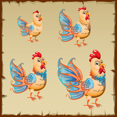 Cute yellow rooster with big blue tail