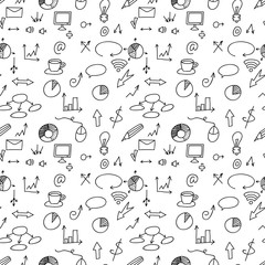 Social icons and business icons hand drawn seamless pattern . Doodle. Vector.