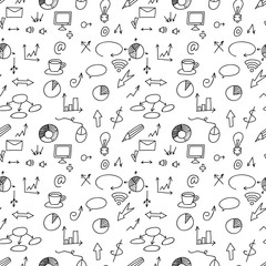 Social icons and business icons hand drawn seamless pattern . Doodle. Vector.