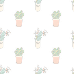 Cute hand drawn houseplants and succulents in pots.Seamless pattern. Vector. Doodle.