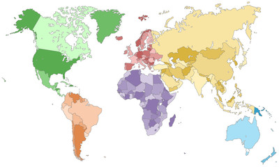 Fototapeta na wymiar Weltkarte - einzelne Kontinente in Farbe (dunkel)