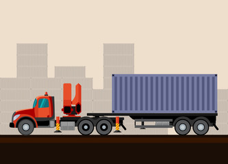 Naklejka na ściany i meble Truck crane trailer with cargo