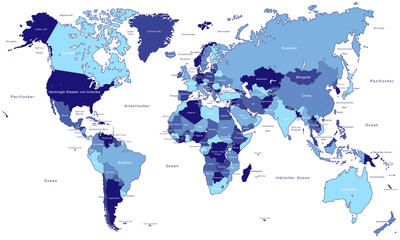 Weltkarte - einzelne Länder in Blau (hoher Detailgrad)