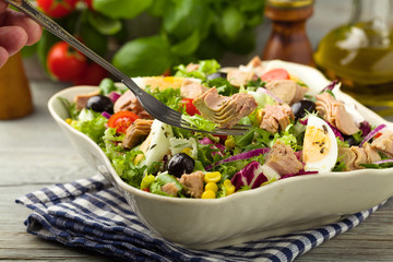 Tuna salad with lettuce, eggs and tomatoes.