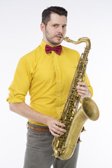 A saxophone player white  background. Saxophonist jazz man with