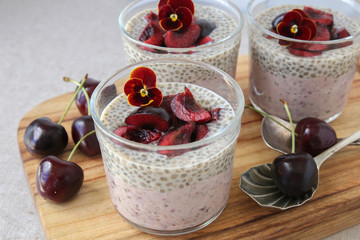 Chia seeds pudding with cherry, selective focus