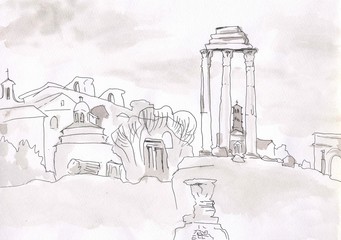 Rome. Ancient ruins, columns, temple. Architecture and sights. Graphic sketch