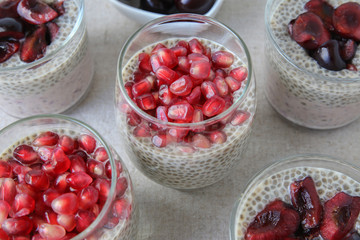 Chia seeds pudding with pomegranate and cherries, selective focus