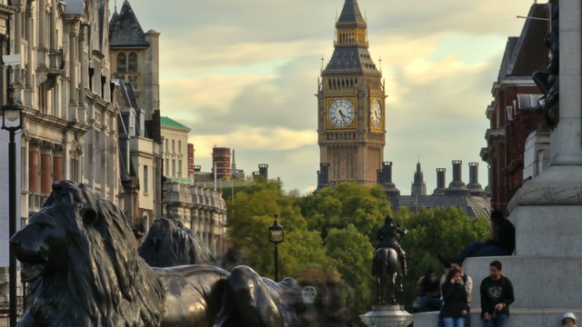 Time-lapse shot at Trafalgar Square circa October 2011 in London. Cropped.