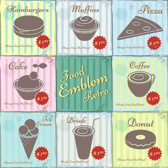 Set of colorful illustrations of food in a vintage frame in retro style.