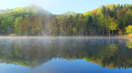 Beautiful landscape in spring, reflection of the forest in lake