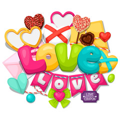 Greeting card with hearts, objects, decorations. Concept can be used for Valentines Day, wedding or love confession message