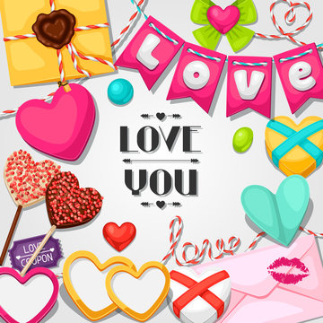 Greeting card with hearts, objects, decorations. Concept can be used for Valentines Day, wedding or love confession message