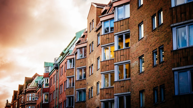 Colorful vintage houses and bulidings at the historic part of Malmo in Sweden
