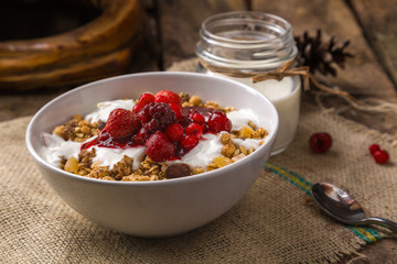 muesli on wooden table