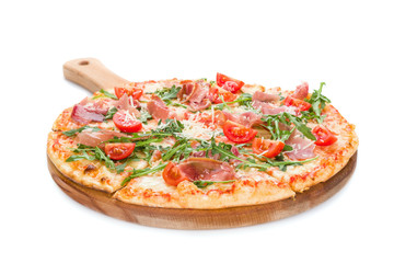 Pizza on wooden board isolated on white background