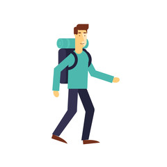Full length of a hiker with backpack isolated on white background. Flat design vector illustration.
