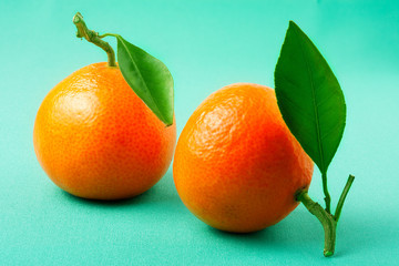 two fresh tangerine on a green background