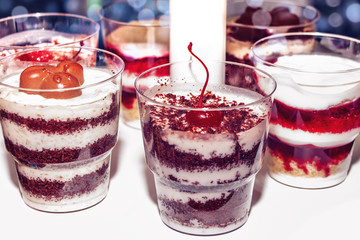 Multi-layer dessert with cherries and chocolate.