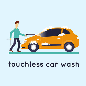 Contact less car wash. Flat design vector illustration.