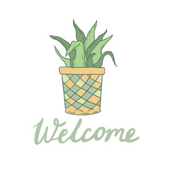 Welcome vector card with cute hoseplant