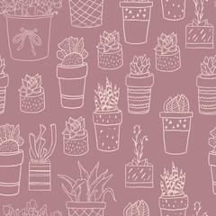 Cute hand drawn terrariums, houseplants and succulents in pots. Seamless vector pattern.