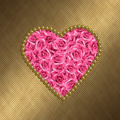gold background with a heart of pink roses