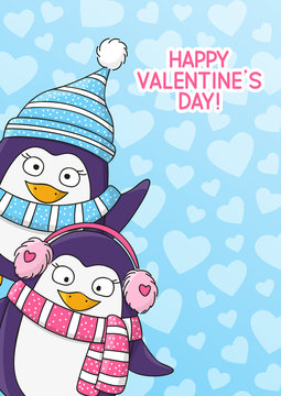 Valentines day card with cute penguins 