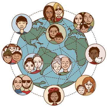 Global communications: Hand drawn people, families, couples, friends, connected world wide