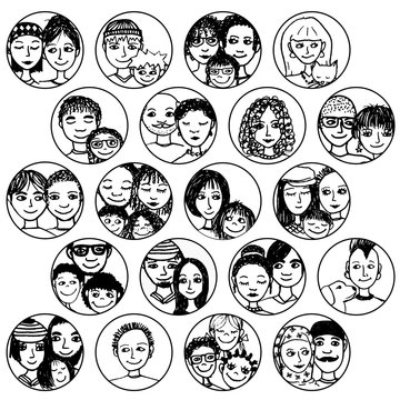 Hand drawn images of families, couples, friends, siblings, singles... multicultural, multiethnic, mixed & patchwork - #2 in black and white