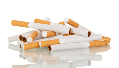 pile of cigarettes close-up isolated on white