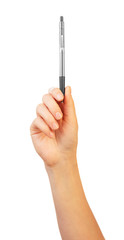 Female hand holding pen as pointer on white