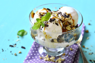 Vanilla ice cream with caramel and walnuts.